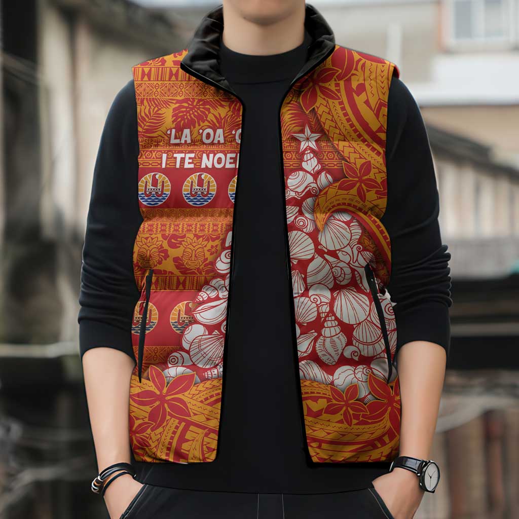 French Polynesia Christmas Sleeveless Puffer Jacket Seashell Xmas Tree Tribal Waves - Polynesian Pride