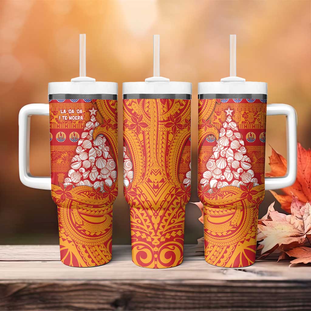 French Polynesia Christmas Tumbler With Handle Seashell Xmas Tree Tribal Waves - Polynesian Pride