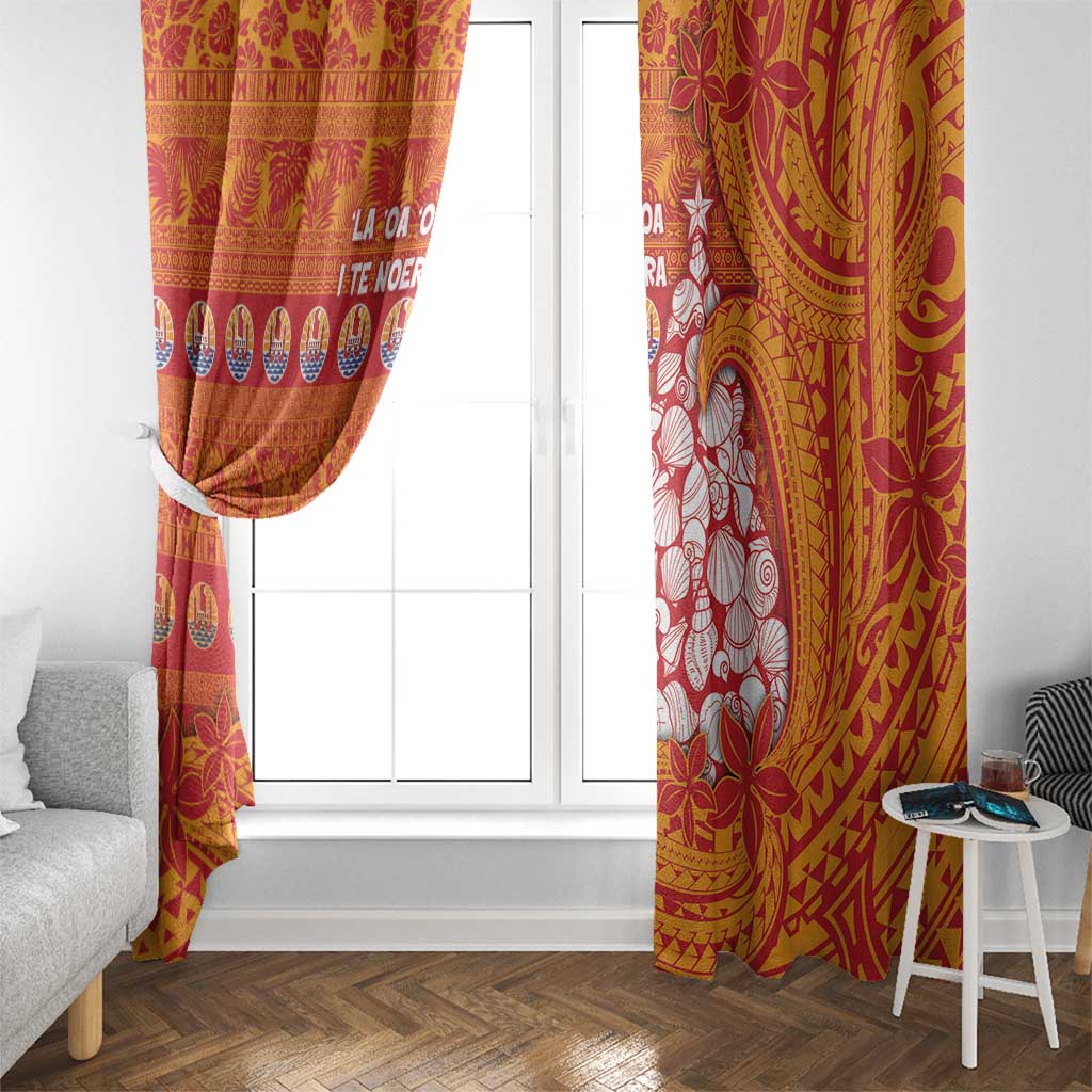 French Polynesia Christmas Window Curtain Seashell Xmas Tree Tribal Waves - Polynesian Pride