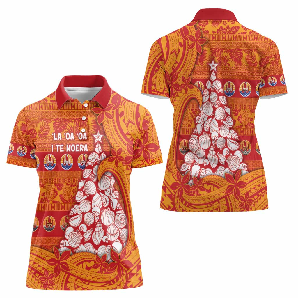 French Polynesia Christmas Women Polo Shirt Seashell Xmas Tree Tribal Waves - Polynesian Pride