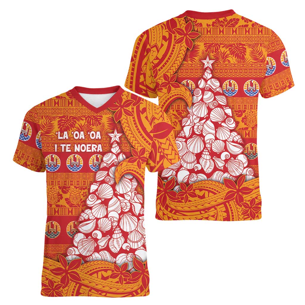 French Polynesia Christmas Women V-Neck T-Shirt Seashell Xmas Tree Tribal Waves - Polynesian Pride