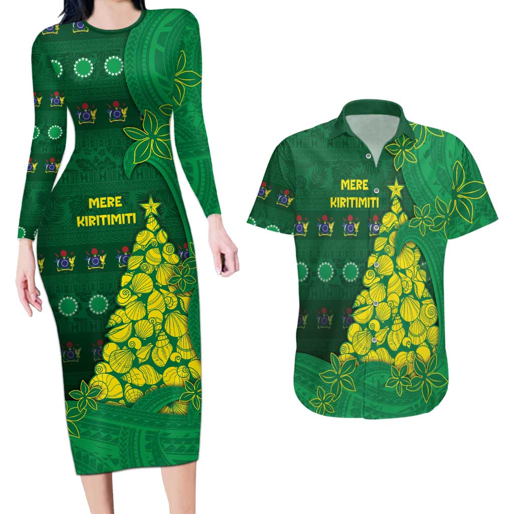 Cook Islands Christmas Couples Matching Long Sleeve Bodycon Dress and Hawaiian Shirt Seashell Xmas Tree Tribal Waves DT05 Green - Polynesian Pride