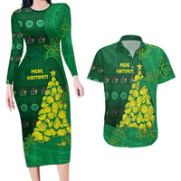 Cook Islands Christmas Couples Matching Long Sleeve Bodycon Dress and Hawaiian Shirt Seashell Xmas Tree Tribal Waves DT05 Green - Polynesian Pride