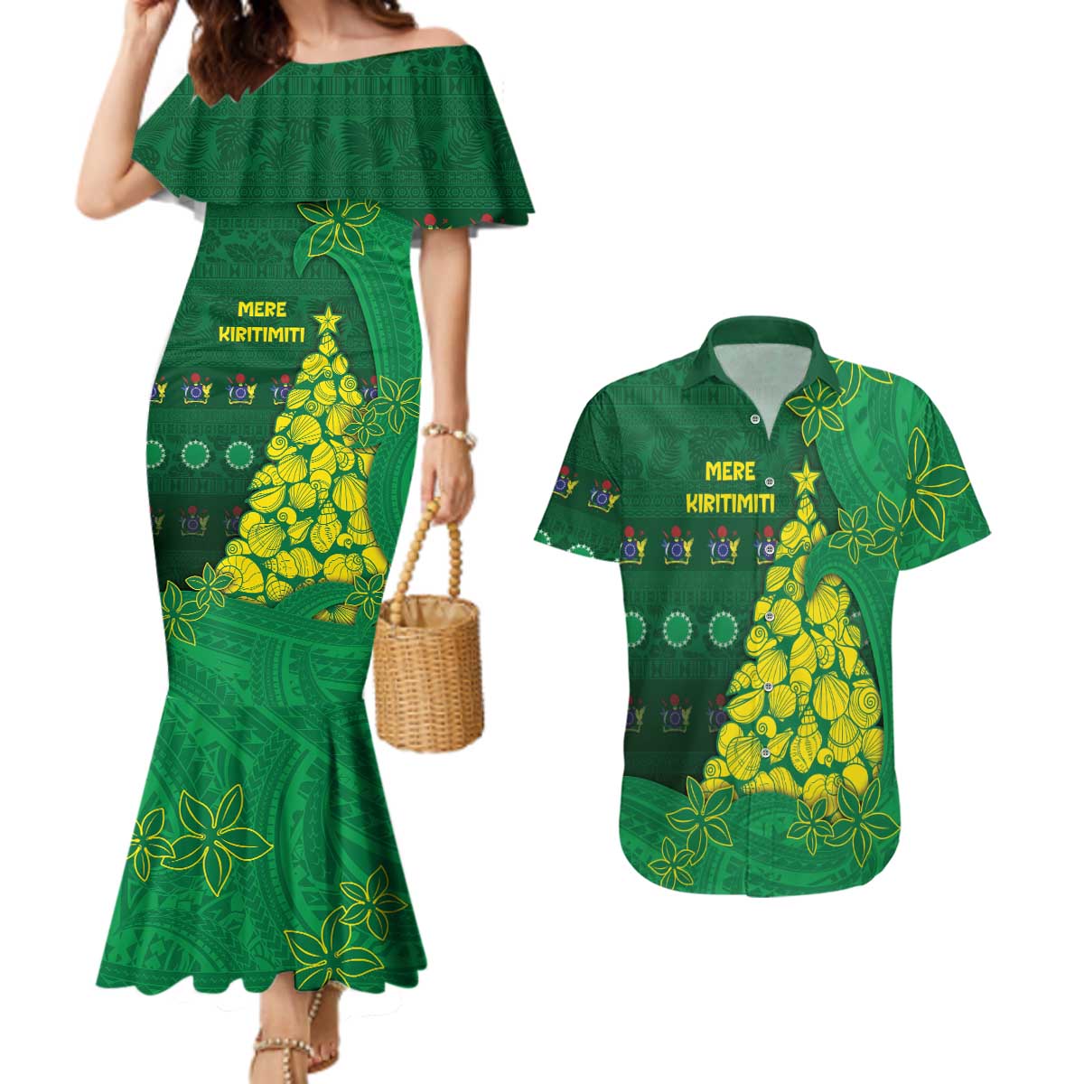 Cook Islands Christmas Couples Matching Mermaid Dress and Hawaiian Shirt Seashell Xmas Tree Tribal Waves DT05 Green - Polynesian Pride