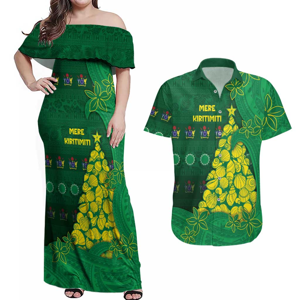 Cook Islands Christmas Couples Matching Off Shoulder Maxi Dress and Hawaiian Shirt Seashell Xmas Tree Tribal Waves DT05 Green - Polynesian Pride