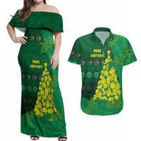 Cook Islands Christmas Couples Matching Off Shoulder Maxi Dress and Hawaiian Shirt Seashell Xmas Tree Tribal Waves DT05 Green - Polynesian Pride