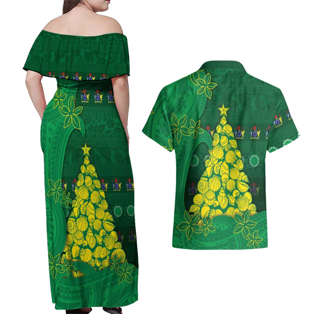 Cook Islands Christmas Couples Matching Off Shoulder Maxi Dress and Hawaiian Shirt Seashell Xmas Tree Tribal Waves DT05 - Polynesian Pride