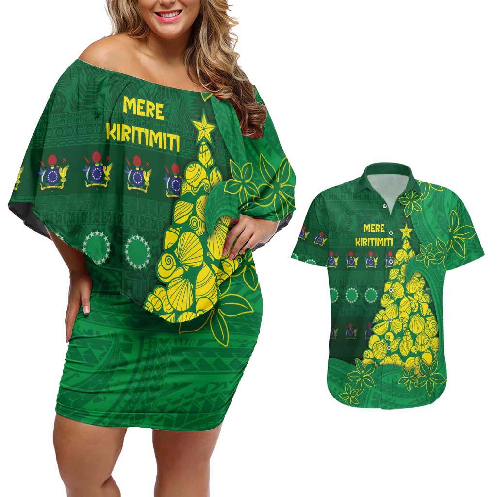 Cook Islands Christmas Couples Matching Off Shoulder Short Dress and Hawaiian Shirt Seashell Xmas Tree Tribal Waves DT05 Green - Polynesian Pride
