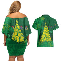 Cook Islands Christmas Couples Matching Off Shoulder Short Dress and Hawaiian Shirt Seashell Xmas Tree Tribal Waves DT05 - Polynesian Pride