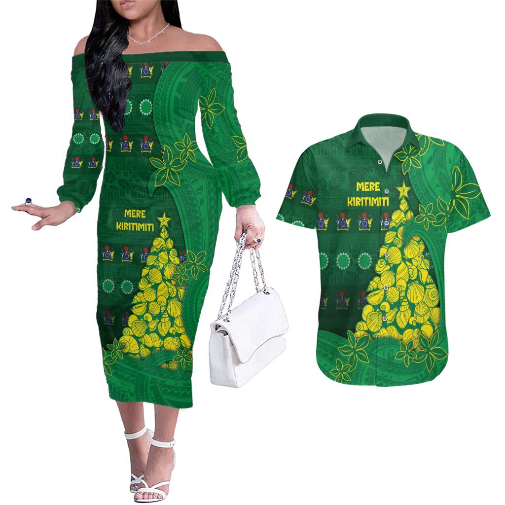Cook Islands Christmas Couples Matching Off The Shoulder Long Sleeve Dress and Hawaiian Shirt Seashell Xmas Tree Tribal Waves DT05 Green - Polynesian Pride