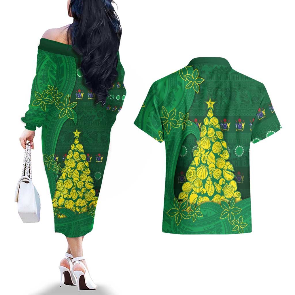 Cook Islands Christmas Couples Matching Off The Shoulder Long Sleeve Dress and Hawaiian Shirt Seashell Xmas Tree Tribal Waves DT05 - Polynesian Pride