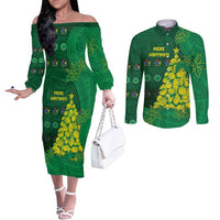 Cook Islands Christmas Couples Matching Off The Shoulder Long Sleeve Dress and Long Sleeve Button Shirt Seashell Xmas Tree Tribal Waves DT05 Green - Polynesian Pride