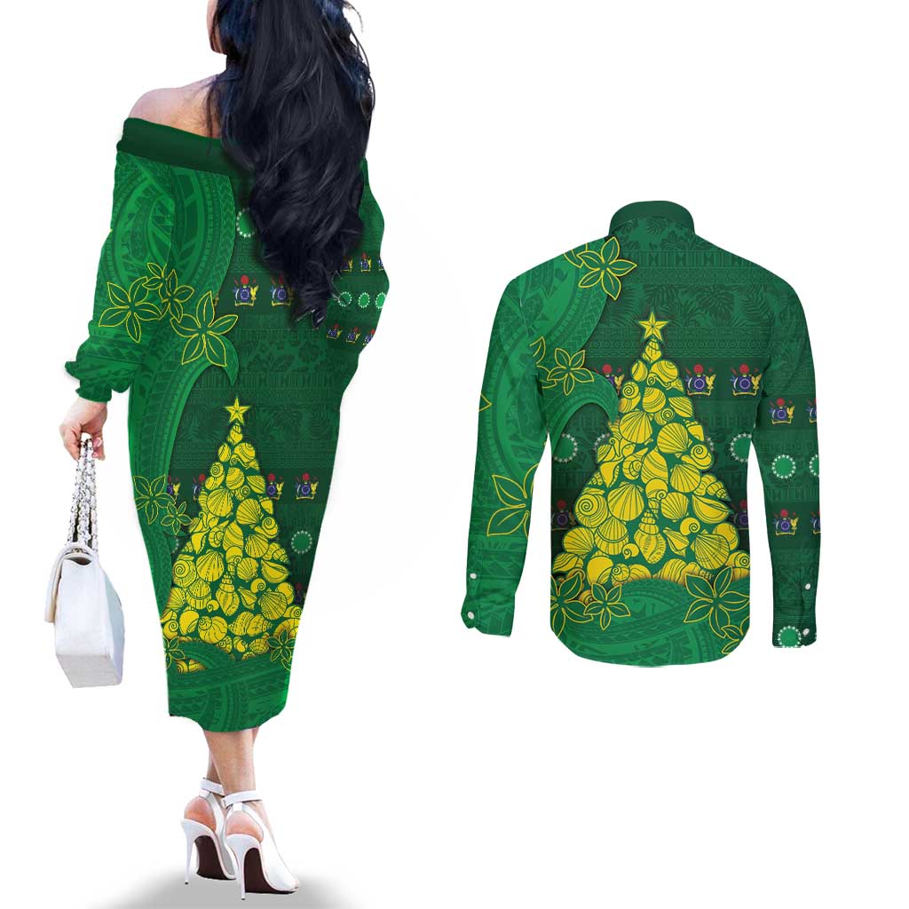 Cook Islands Christmas Couples Matching Off The Shoulder Long Sleeve Dress and Long Sleeve Button Shirt Seashell Xmas Tree Tribal Waves DT05 - Polynesian Pride