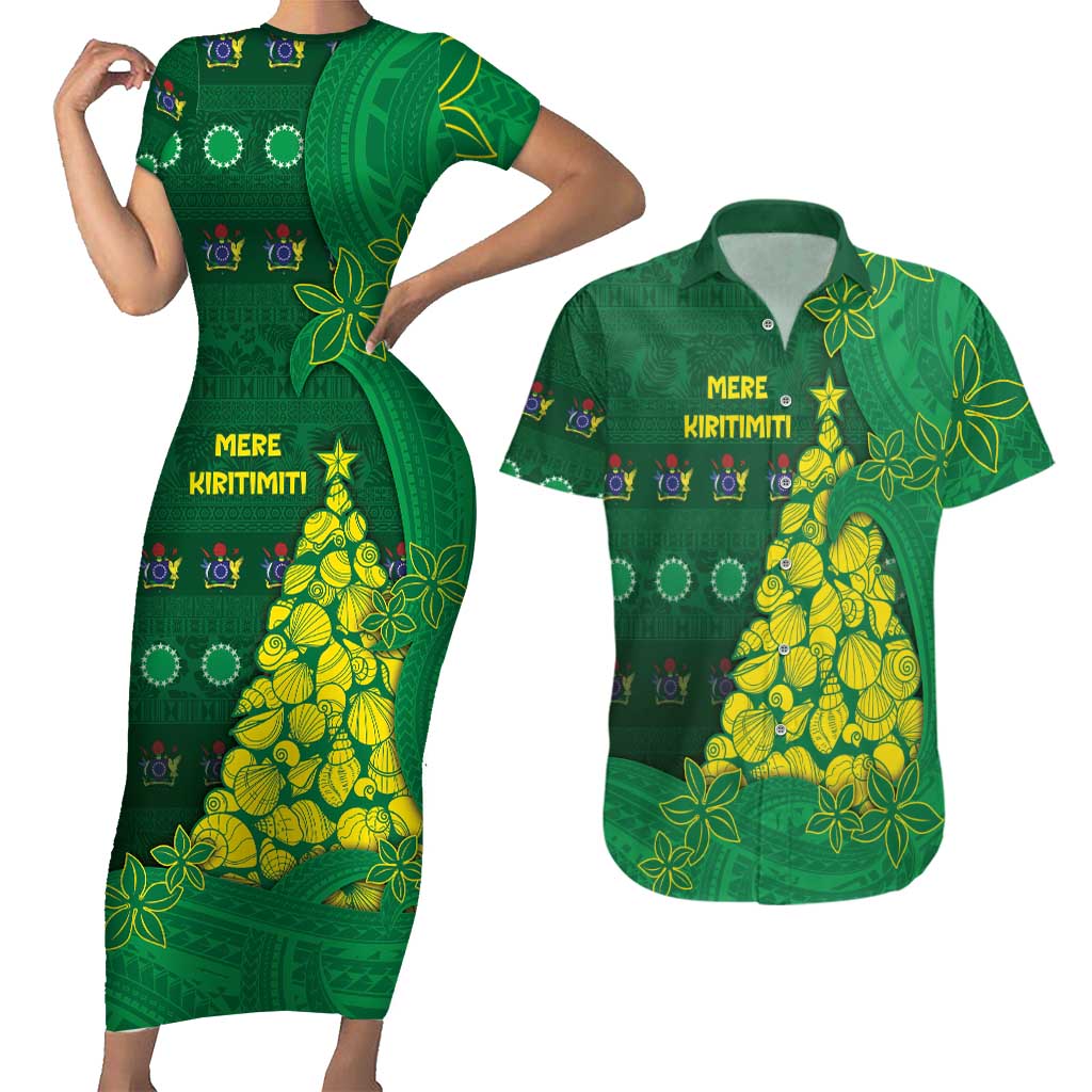 Cook Islands Christmas Couples Matching Short Sleeve Bodycon Dress and Hawaiian Shirt Seashell Xmas Tree Tribal Waves DT05 Green - Polynesian Pride