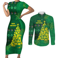 Cook Islands Christmas Couples Matching Short Sleeve Bodycon Dress and Long Sleeve Button Shirt Seashell Xmas Tree Tribal Waves DT05 Green - Polynesian Pride