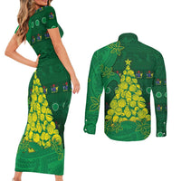 Cook Islands Christmas Couples Matching Short Sleeve Bodycon Dress and Long Sleeve Button Shirt Seashell Xmas Tree Tribal Waves DT05 - Polynesian Pride