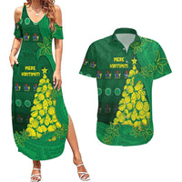 Cook Islands Christmas Couples Matching Summer Maxi Dress and Hawaiian Shirt Seashell Xmas Tree Tribal Waves DT05 Green - Polynesian Pride