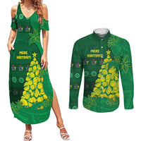 Cook Islands Christmas Couples Matching Summer Maxi Dress and Long Sleeve Button Shirt Seashell Xmas Tree Tribal Waves - Polynesian Pride