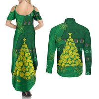 Cook Islands Christmas Couples Matching Summer Maxi Dress and Long Sleeve Button Shirt Seashell Xmas Tree Tribal Waves - Polynesian Pride