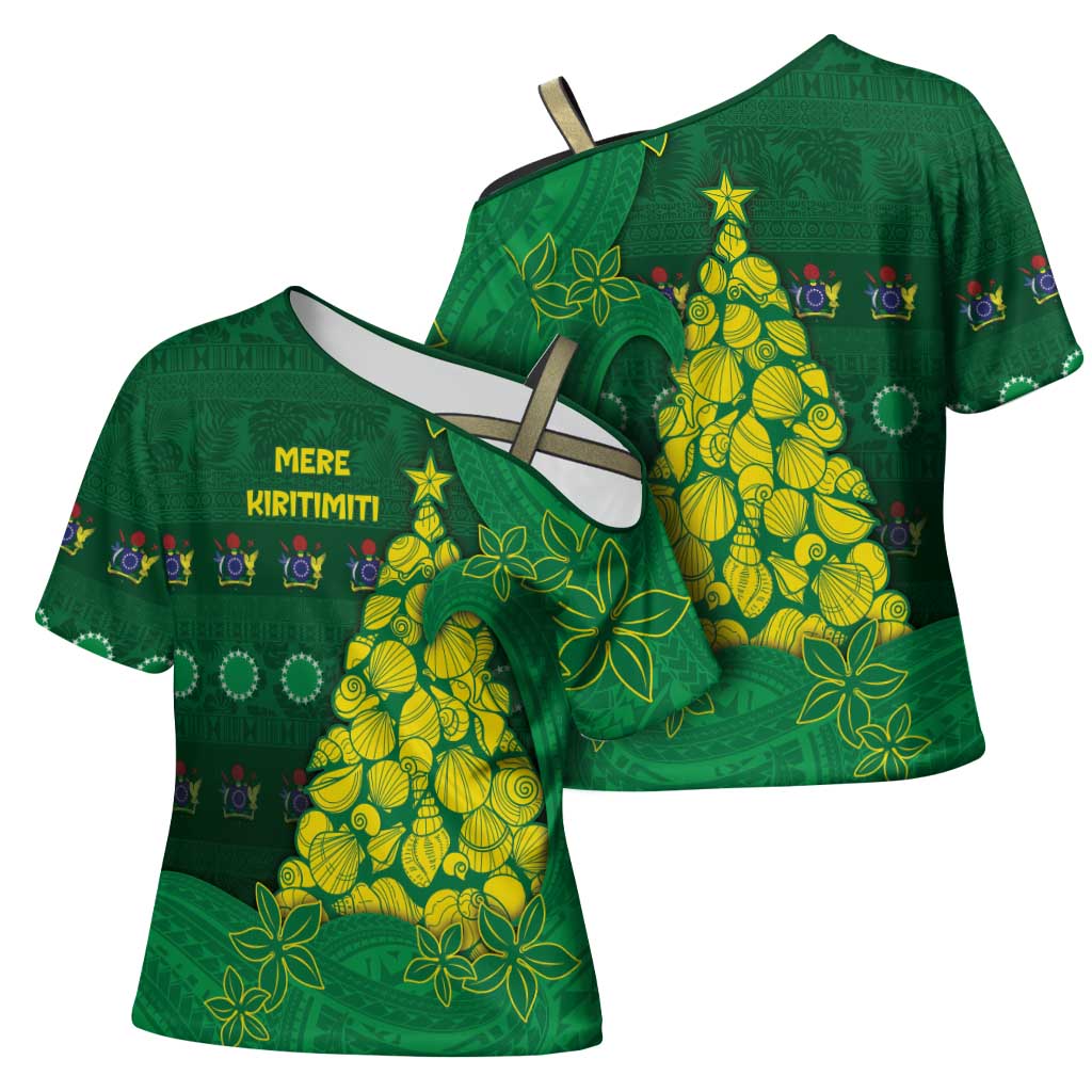 Cook Islands Christmas Cross Shoulder Shirt Seashell Xmas Tree Tribal Waves - Polynesian Pride