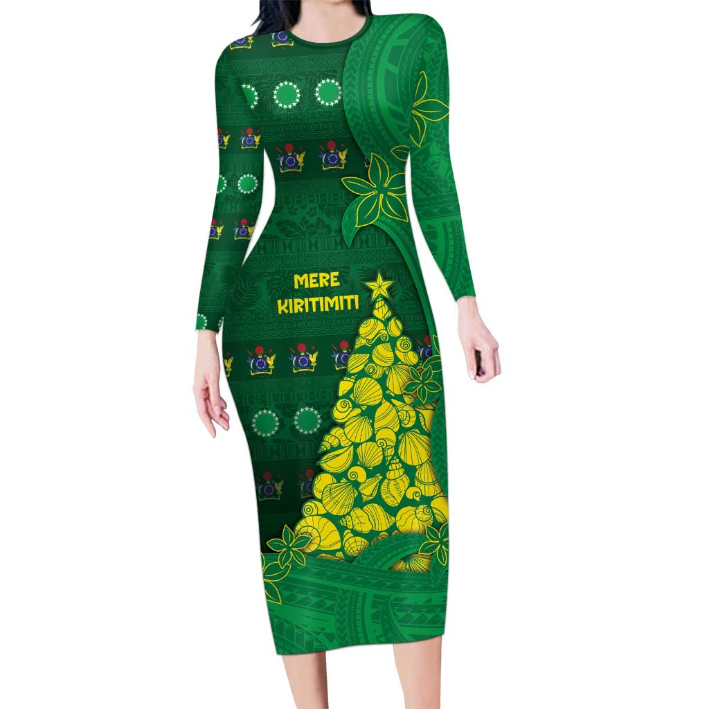 Cook Islands Christmas Family Matching Long Sleeve Bodycon Dress and Hawaiian Shirt Seashell Xmas Tree Tribal Waves DT05 Mom's Dress Green - Polynesian Pride