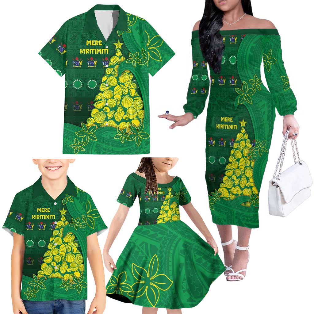 Cook Islands Christmas Family Matching Off The Shoulder Long Sleeve Dress and Hawaiian Shirt Seashell Xmas Tree Tribal Waves DT05 - Polynesian Pride