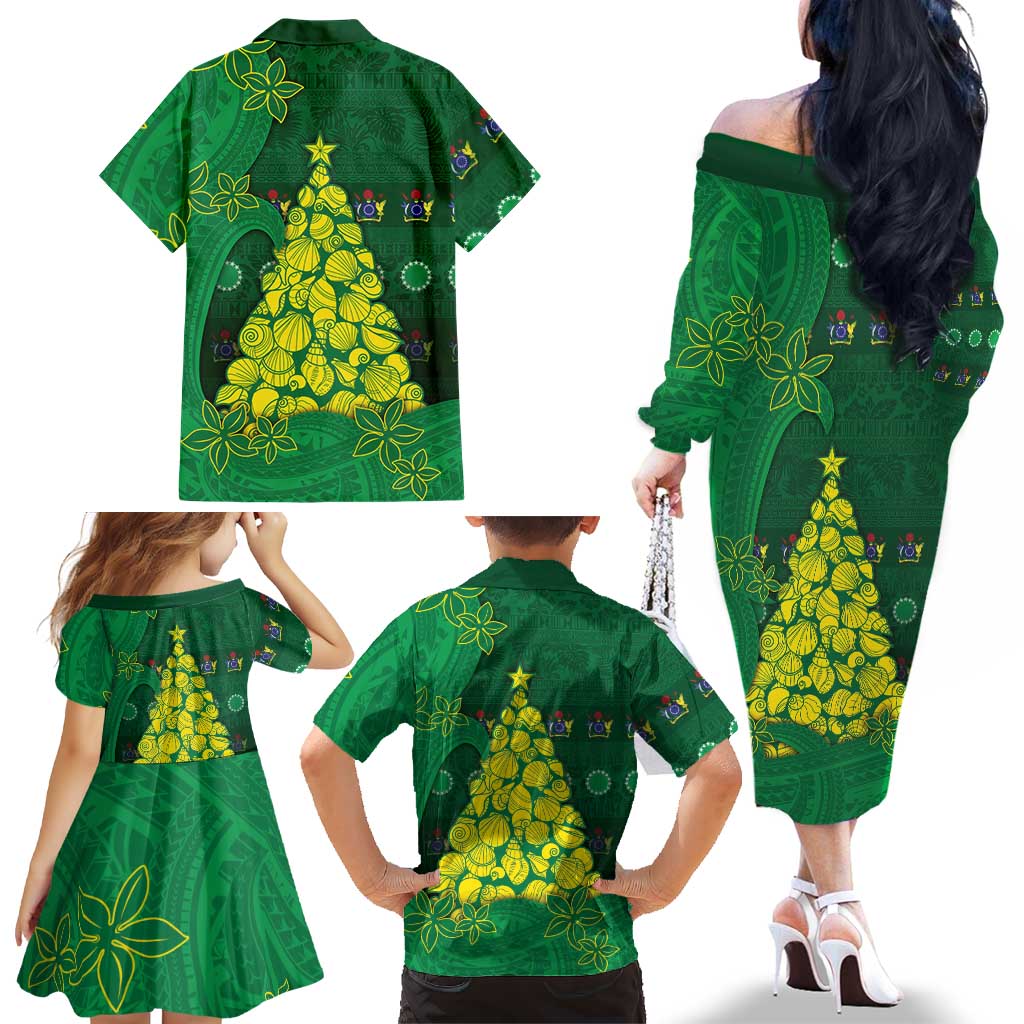Cook Islands Christmas Family Matching Off The Shoulder Long Sleeve Dress and Hawaiian Shirt Seashell Xmas Tree Tribal Waves DT05 - Polynesian Pride