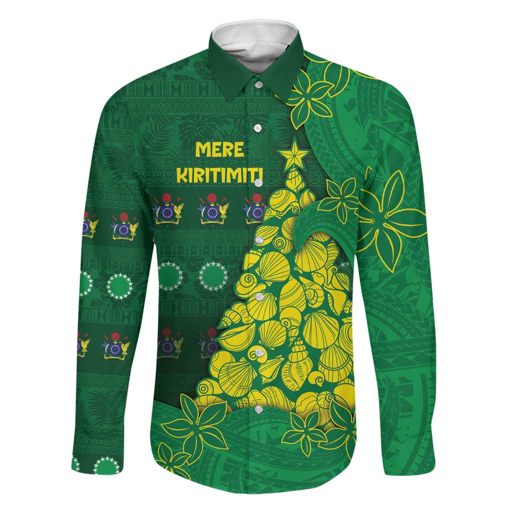 Cook Islands Christmas Family Matching Off The Shoulder Long Sleeve Dress and Hawaiian Shirt Seashell Xmas Tree Tribal Waves DT05 Dad's Shirt - Long Sleeve Green - Polynesian Pride