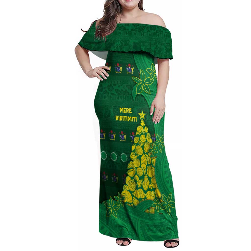 Cook Islands Christmas Family Matching Off Shoulder Maxi Dress and Hawaiian Shirt Seashell Xmas Tree Tribal Waves DT05 Mom's Dress Green - Polynesian Pride