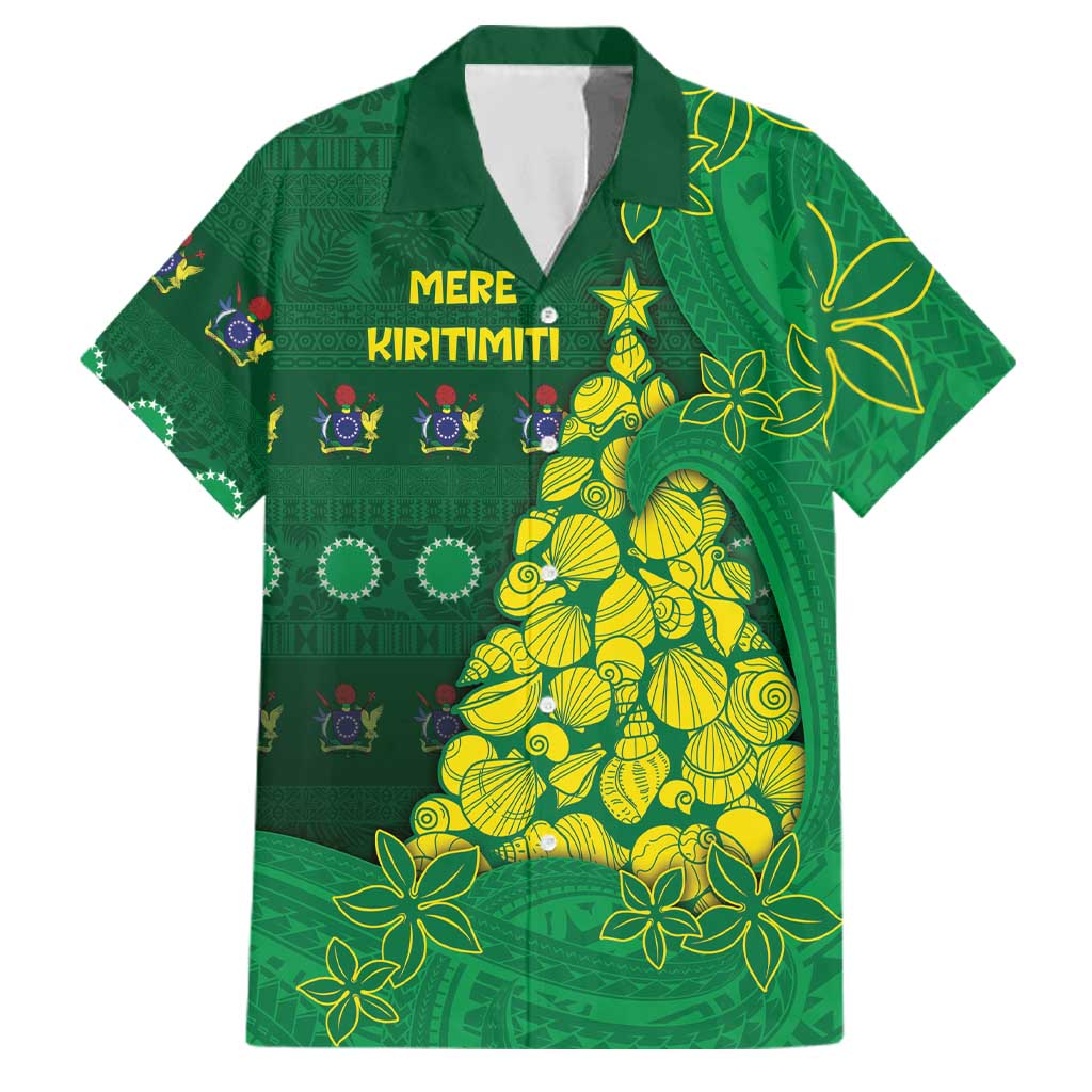 Cook Islands Christmas Family Matching Off Shoulder Short Dress and Hawaiian Shirt Seashell Xmas Tree Tribal Waves DT05 Dad's Shirt - Short Sleeve Green - Polynesian Pride
