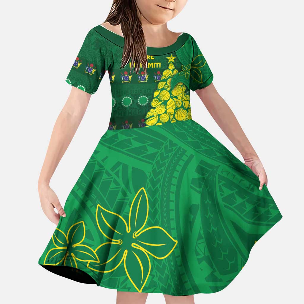 Cook Islands Christmas Family Matching Short Sleeve Bodycon Dress and Hawaiian Shirt Seashell Xmas Tree Tribal Waves DT05 Daughter's Dress Green - Polynesian Pride