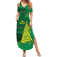Cook Islands Christmas Family Matching Summer Maxi Dress and Hawaiian Shirt Seashell Xmas Tree Tribal Waves DT05 Mom's Dress Green - Polynesian Pride