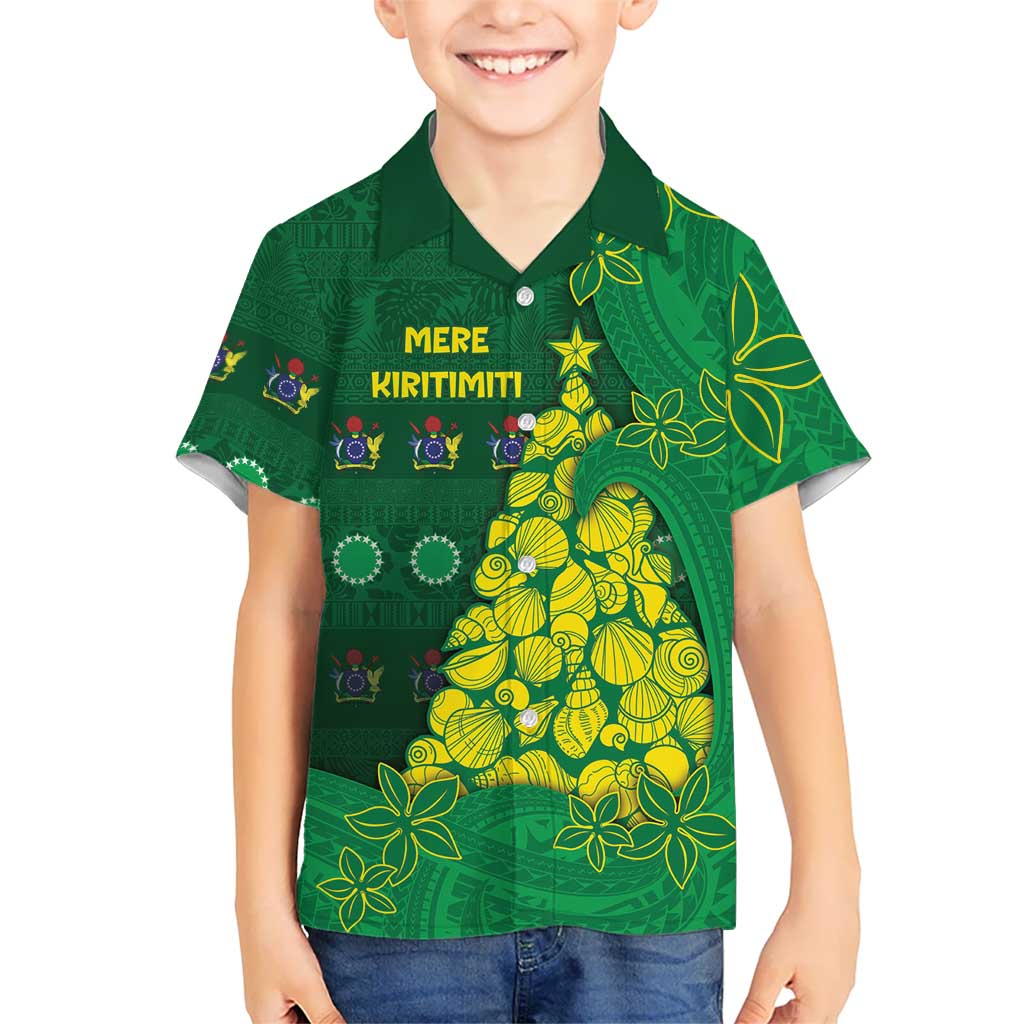 Cook Islands Christmas Family Matching Summer Maxi Dress and Hawaiian Shirt Seashell Xmas Tree Tribal Waves DT05 Son's Shirt Green - Polynesian Pride