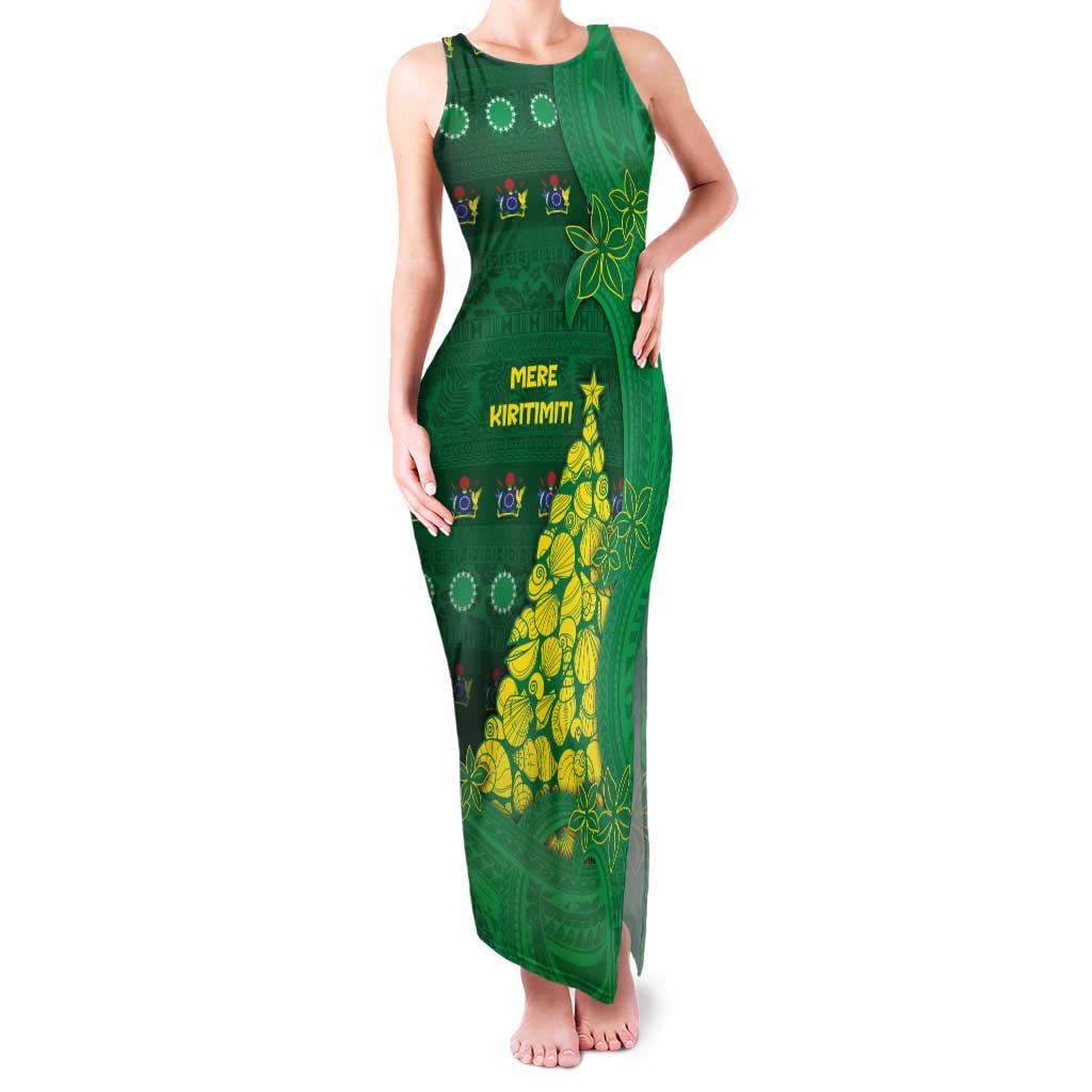 Cook Islands Christmas Family Matching Tank Maxi Dress and Hawaiian Shirt Seashell Xmas Tree Tribal Waves DT05 Mom's Dress Green - Polynesian Pride