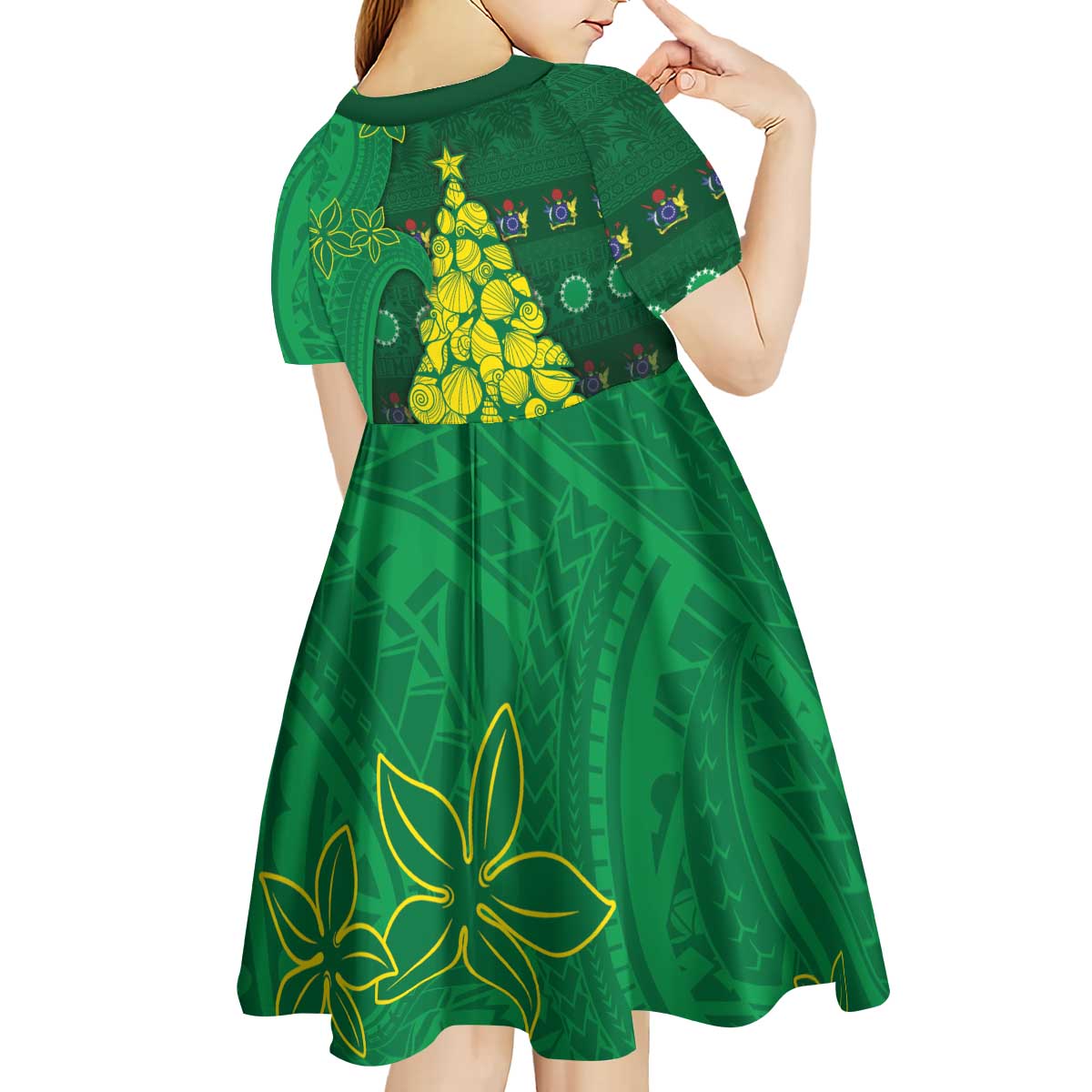 Cook Islands Christmas Kid Short Sleeve Dress Seashell Xmas Tree Tribal Waves - Polynesian Pride
