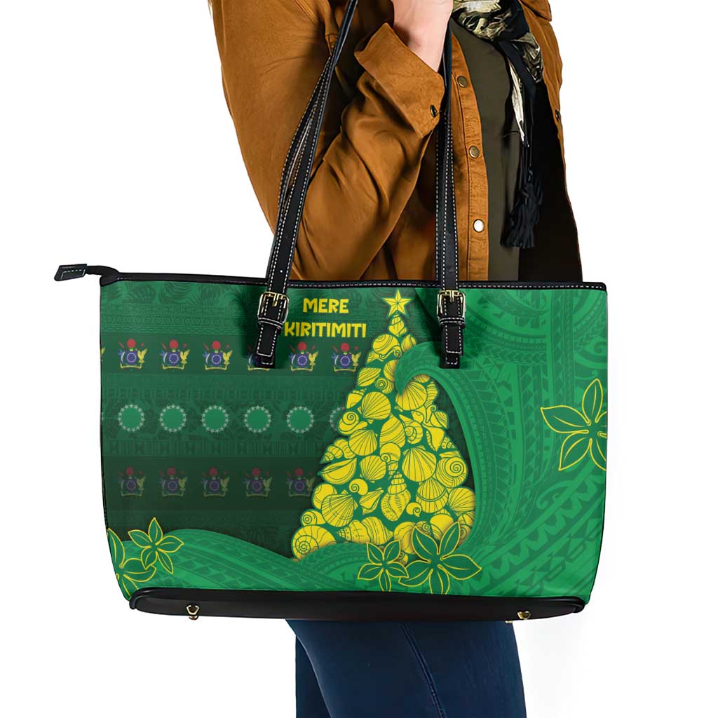 Cook Islands Christmas Leather Tote Bag Seashell Xmas Tree Tribal Waves - Polynesian Pride