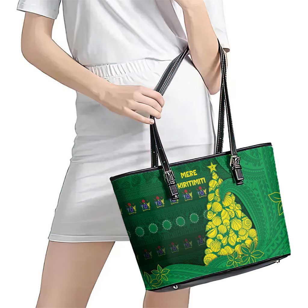 Cook Islands Christmas Leather Tote Bag Seashell Xmas Tree Tribal Waves - Polynesian Pride