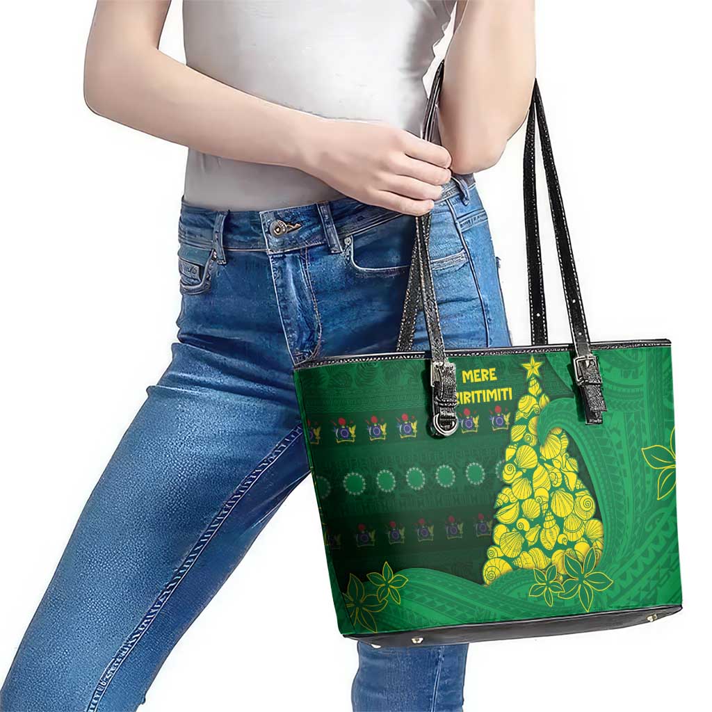 Cook Islands Christmas Leather Tote Bag Seashell Xmas Tree Tribal Waves - Polynesian Pride