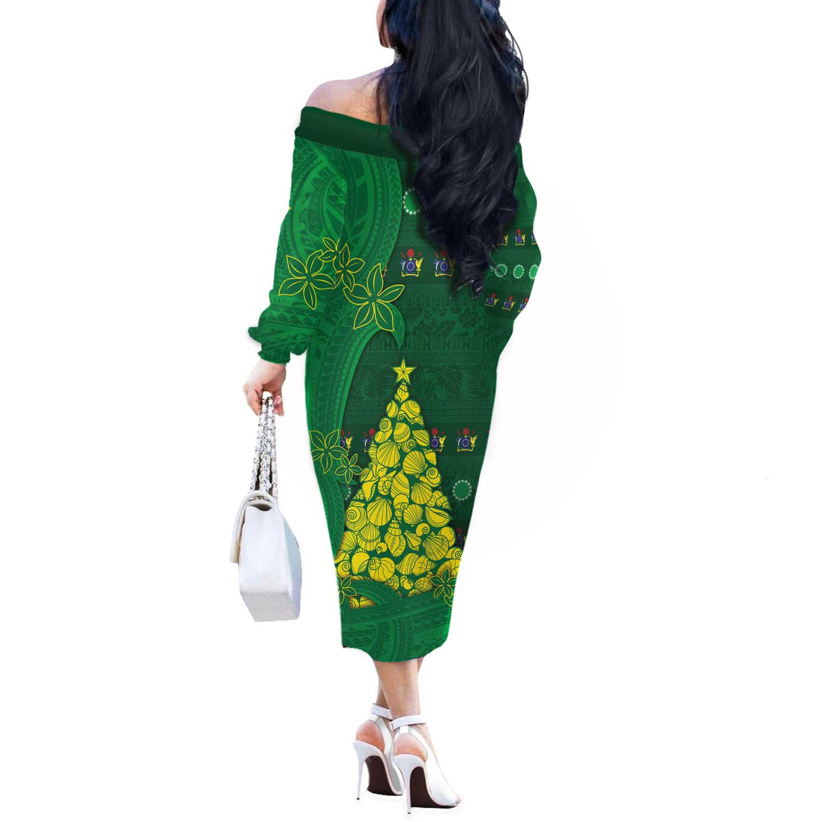 Cook Islands Christmas Off The Shoulder Long Sleeve Dress Seashell Xmas Tree Tribal Waves - Polynesian Pride
