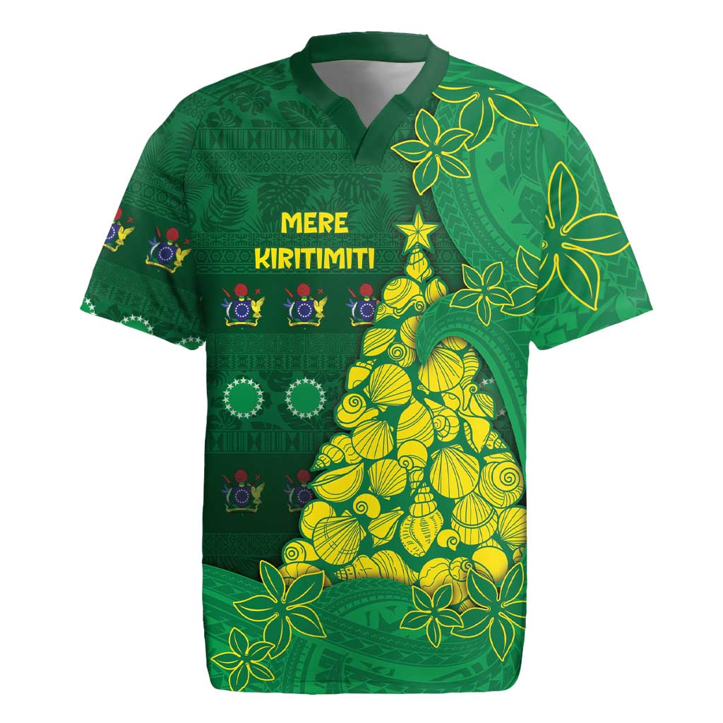 Cook Islands Christmas Rugby Jersey Seashell Xmas Tree Tribal Waves DT05 Green - Polynesian Pride