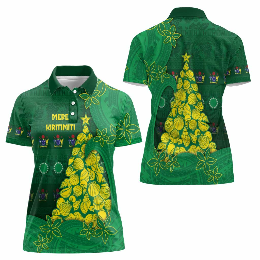Cook Islands Christmas Women Polo Shirt Seashell Xmas Tree Tribal Waves - Polynesian Pride