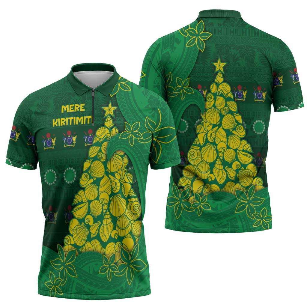 Cook Islands Christmas Zipper Polo Shirt Seashell Xmas Tree Tribal Waves - Polynesian Pride