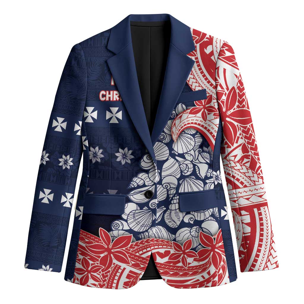 Wallis And Futuna Christmas Blazer Seashell Xmas Tree Tribal Waves DT05 Unisex Navy - Polynesian Pride