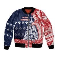 Wallis And Futuna Christmas Bomber Jacket Seashell Xmas Tree Tribal Waves DT05 Unisex Navy - Polynesian Pride