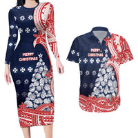 Wallis And Futuna Christmas Couples Matching Long Sleeve Bodycon Dress and Hawaiian Shirt Seashell Xmas Tree Tribal Waves DT05 Navy - Polynesian Pride