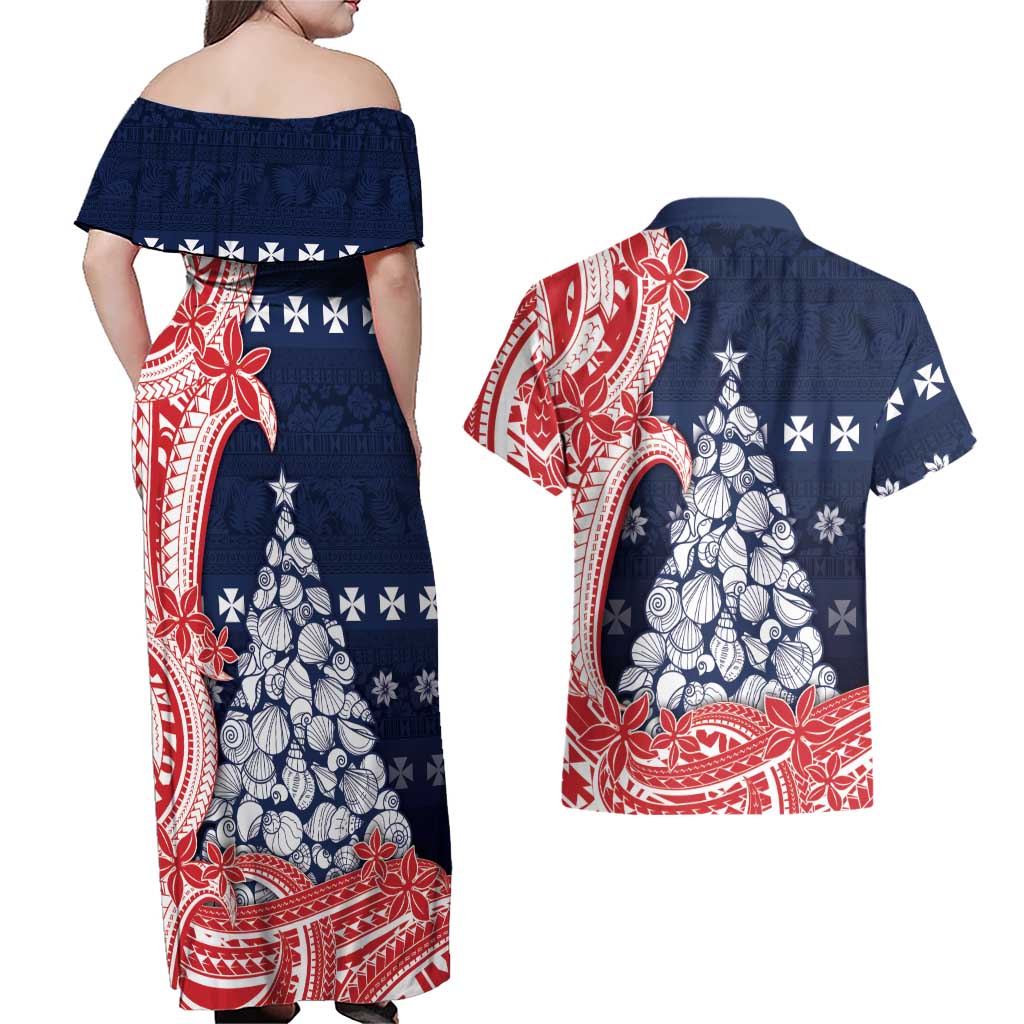 Wallis And Futuna Christmas Couples Matching Off Shoulder Maxi Dress and Hawaiian Shirt Seashell Xmas Tree Tribal Waves DT05 - Polynesian Pride