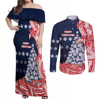 Wallis And Futuna Christmas Couples Matching Off Shoulder Maxi Dress and Long Sleeve Button Shirt Seashell Xmas Tree Tribal Waves DT05 Navy - Polynesian Pride