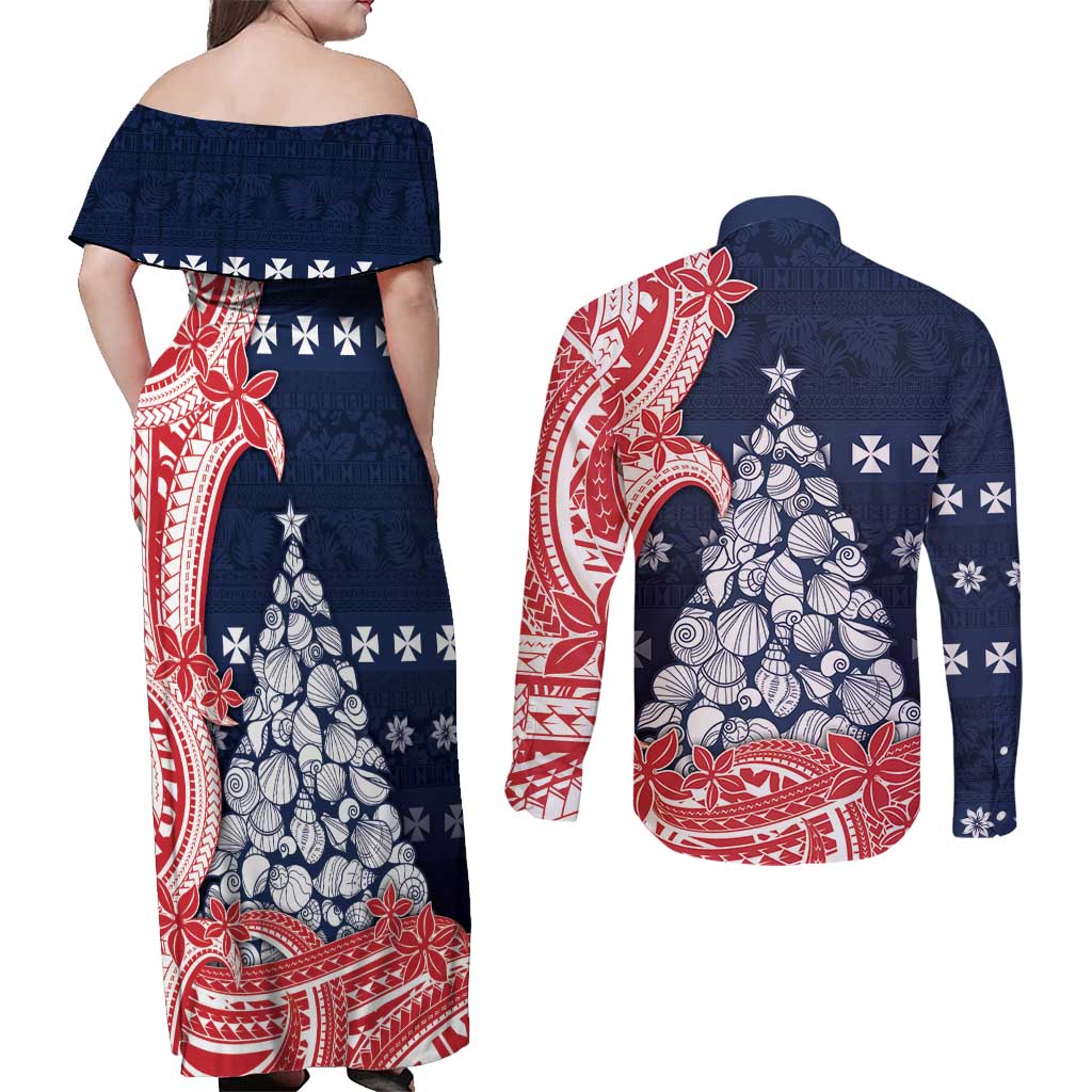Wallis And Futuna Christmas Couples Matching Off Shoulder Maxi Dress and Long Sleeve Button Shirt Seashell Xmas Tree Tribal Waves DT05 - Polynesian Pride