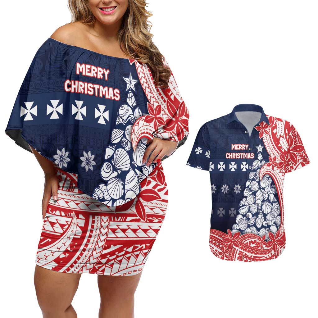 Wallis And Futuna Christmas Couples Matching Off Shoulder Short Dress and Hawaiian Shirt Seashell Xmas Tree Tribal Waves DT05 Navy - Polynesian Pride