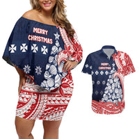 Wallis And Futuna Christmas Couples Matching Off Shoulder Short Dress and Hawaiian Shirt Seashell Xmas Tree Tribal Waves DT05 Navy - Polynesian Pride